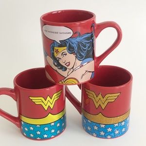 Set 3 Wonder Woman Red Mugs Gold Sparkle Glitter Comic Strip DC Comics
